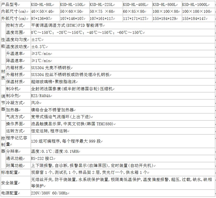 高低温试验箱技术参数